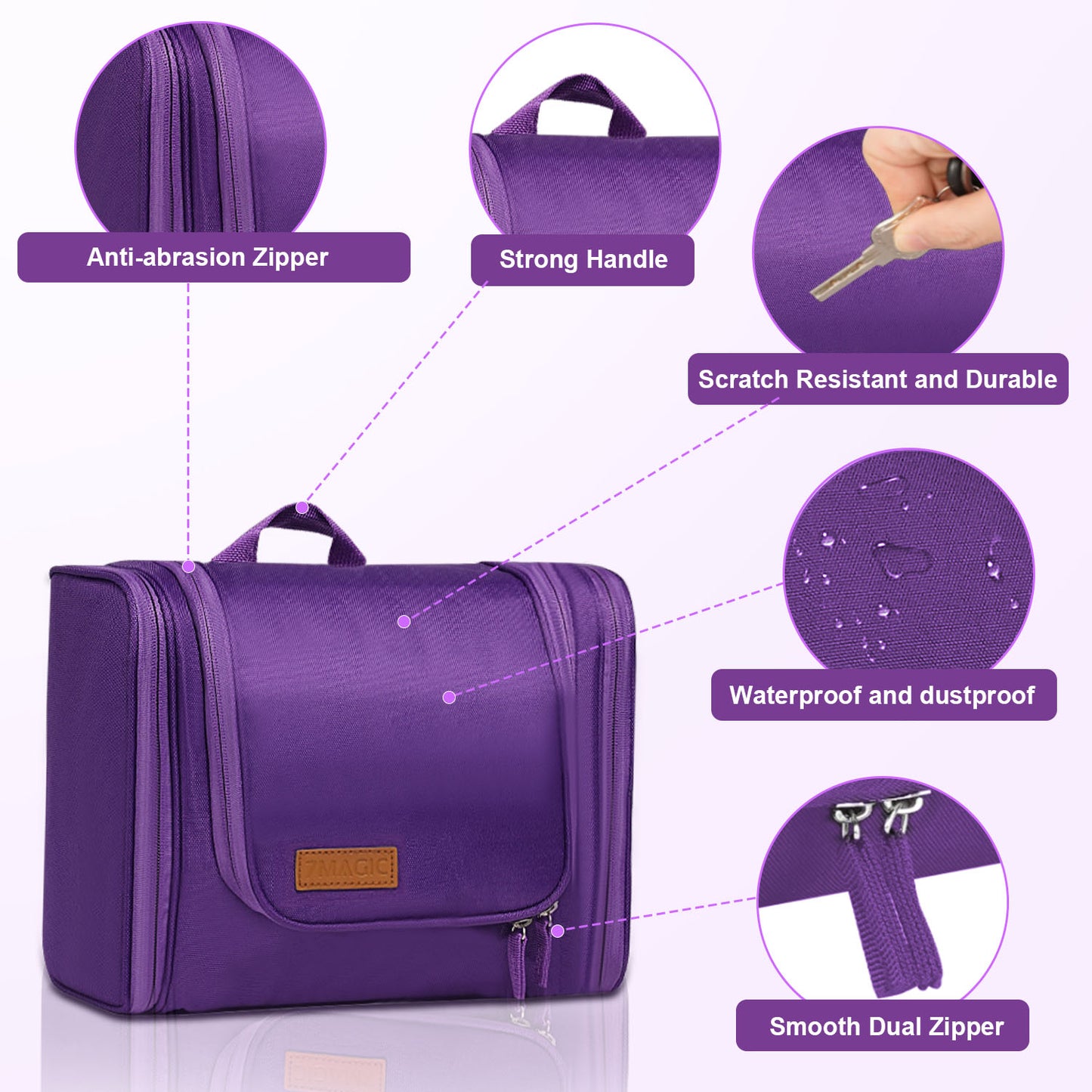 Toiletry Bag, Makeup Bags, 7MAGIC Toiletries Bag for Women and Men with Hanging Hook, Water-resistant Organizer Bag, Shower Bag for Essentials, Purple