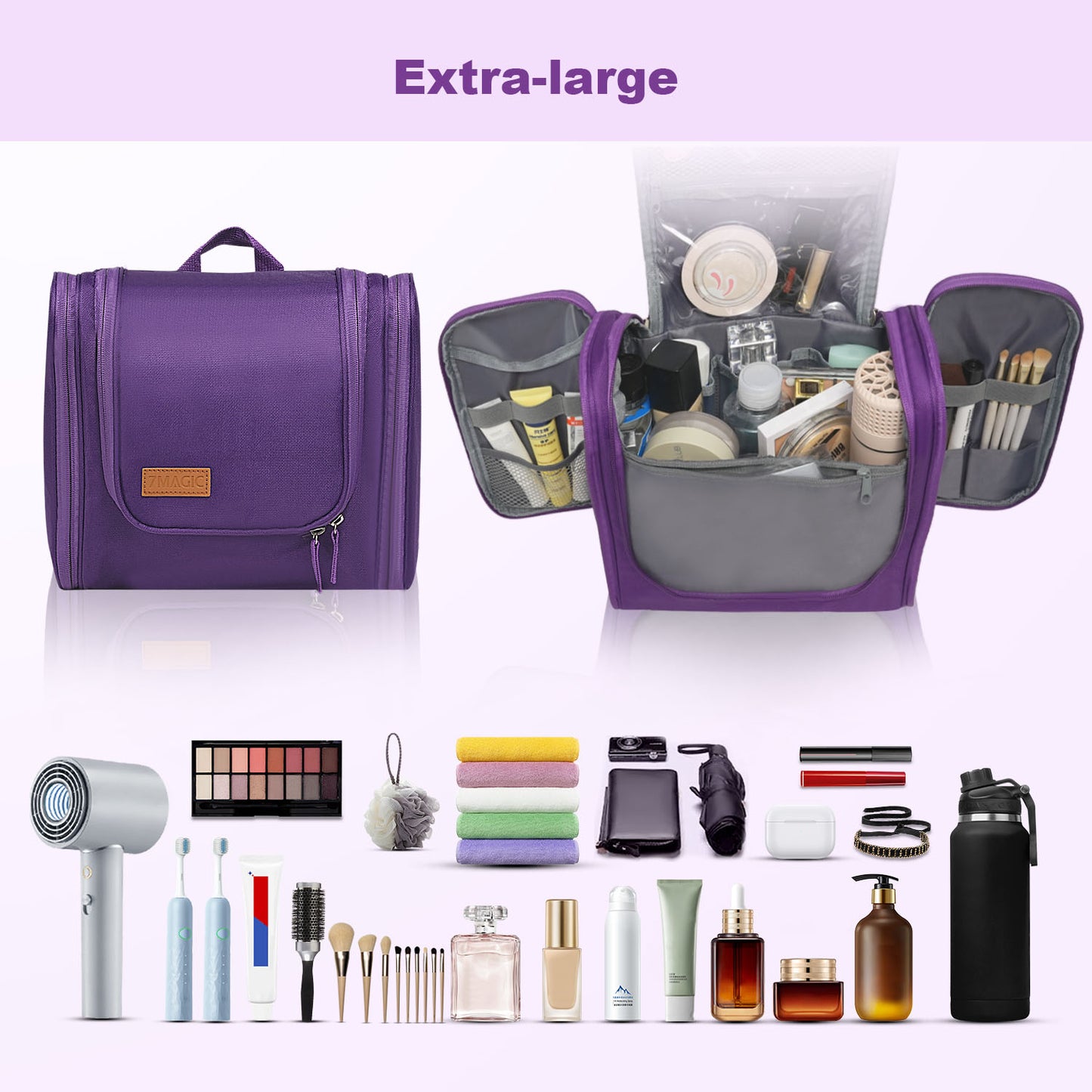 Toiletry Bag, Makeup Bags, 7MAGIC Toiletries Bag for Women and Men with Hanging Hook, Water-resistant Organizer Bag, Shower Bag for Essentials, Purple