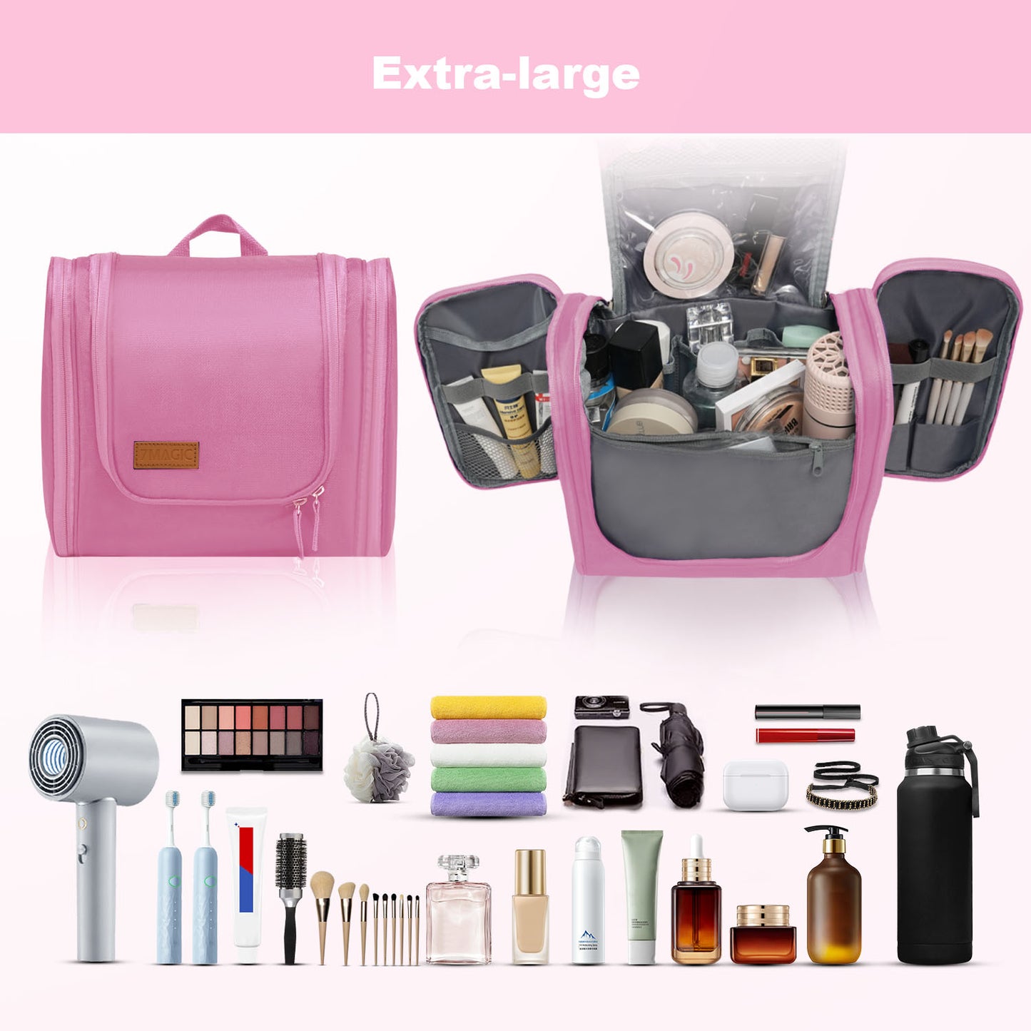 Toiletry Bag for Women and Men,Water-resistant Travel Makeup Bag with Hanging Hook,Compact Travel Toiletry Organizer Bag,Shower Bag for Essentials,Dopp Kit Shaving Bag,Pink