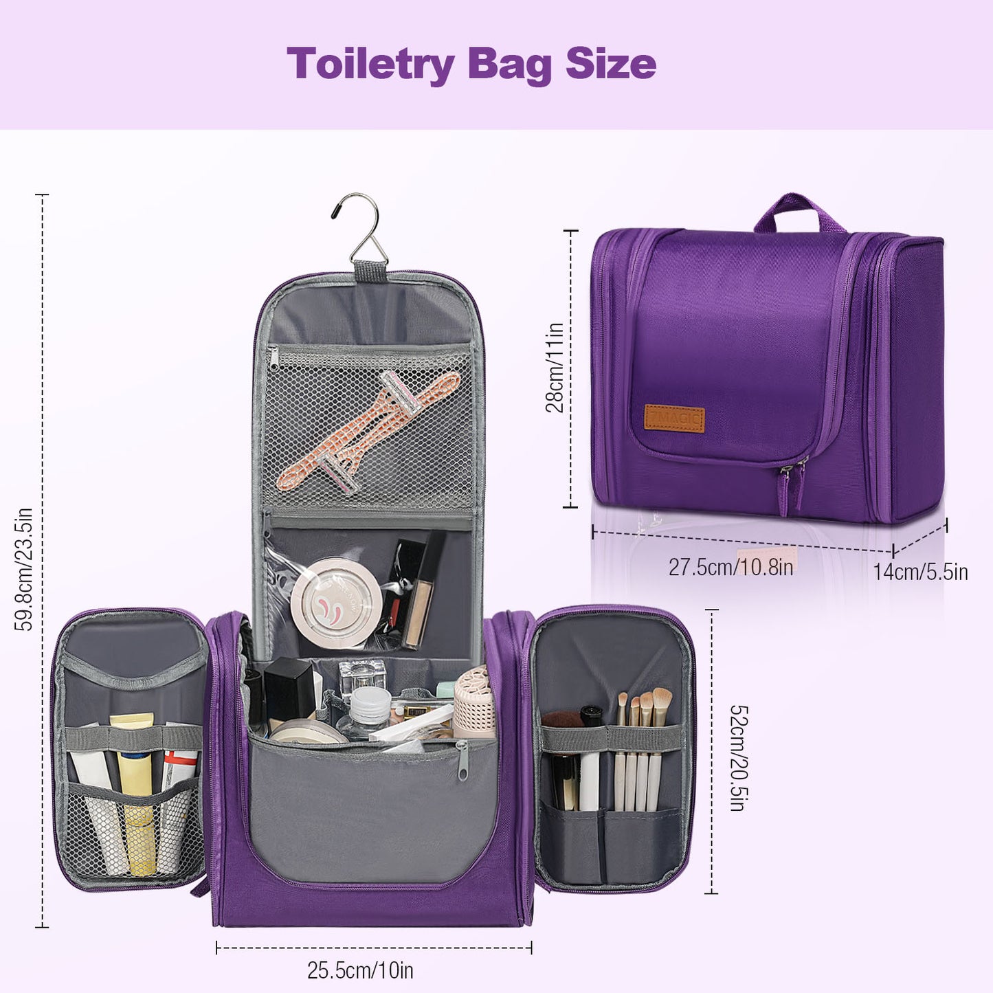 Toiletry Bag, Makeup Bags, 7MAGIC Toiletries Bag for Women and Men with Hanging Hook, Water-resistant Organizer Bag, Shower Bag for Essentials, Purple