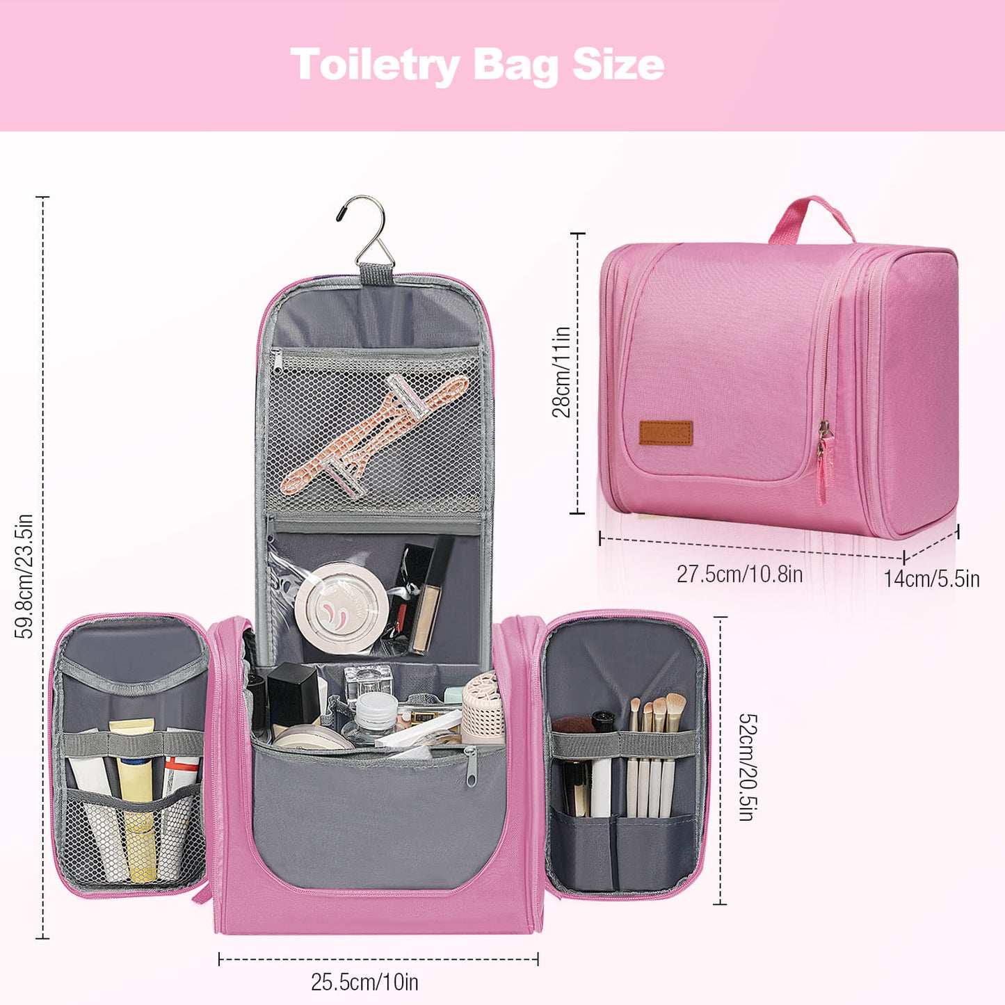 Toiletry Bag for Women and Men,Water-resistant Travel Makeup Bag with Hanging Hook,Compact Travel Toiletry Organizer Bag,Shower Bag for Essentials,Dopp Kit Shaving Bag,Pink