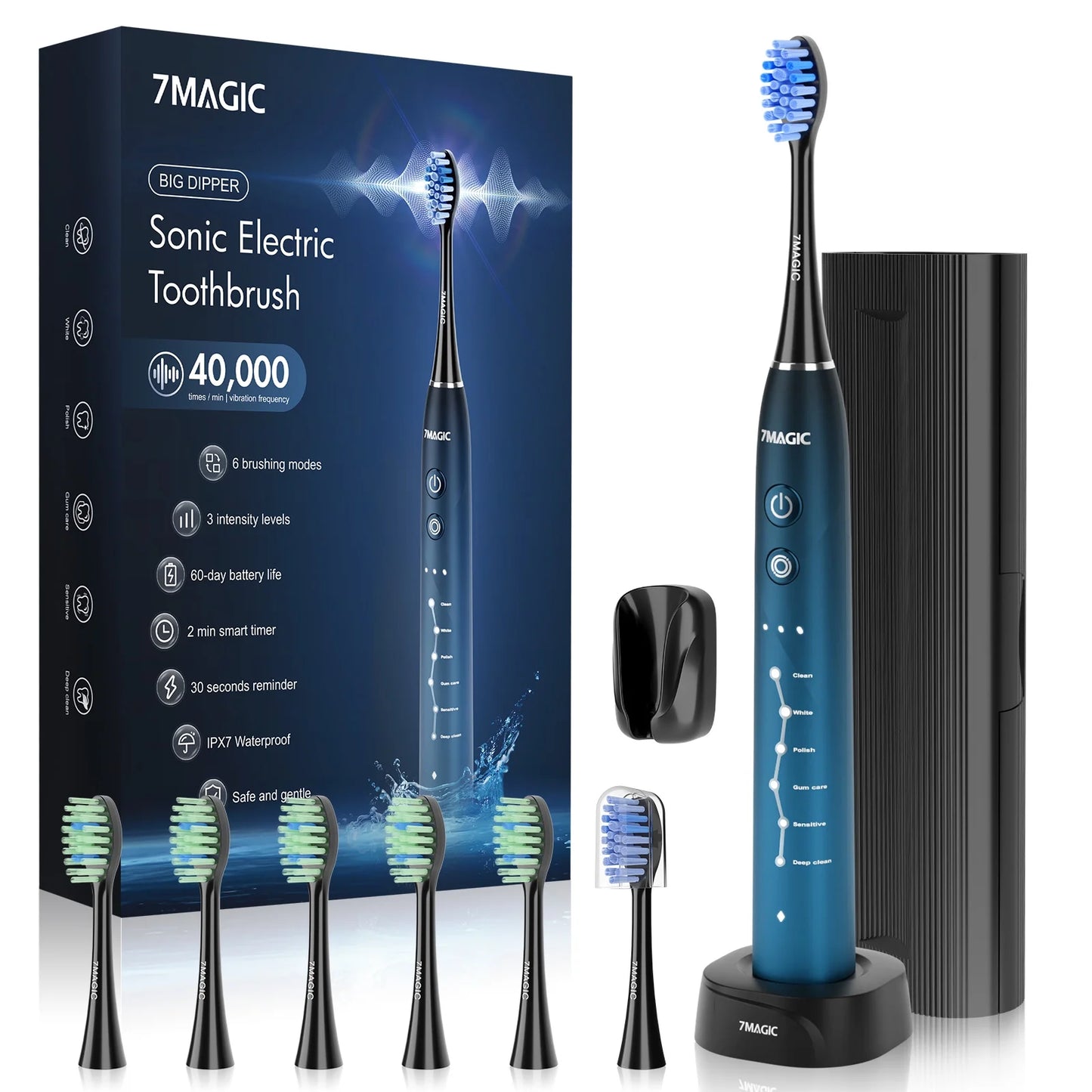 7MAGIC Sonic Electric Toothbrush, Adult Electric Toothbrush with 40000 VPM Deep Clean, 6 Modes, 3 Intensities, 6 Brush Heads & Travel Case, Smart Timer, Bule