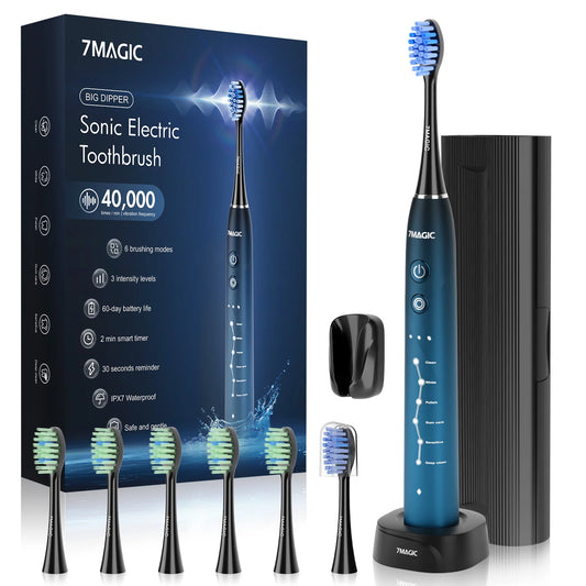 7MAGIC Sonic Electric Toothbrush, Adult Electric Toothbrush with 40000 VPM Deep Clean, 6 Modes, 3 Intensities, 6 Brush Heads & Travel Case, Smart Timer, Bule