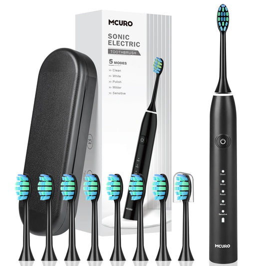 7MAGIC Sonic Electric Toothbrush, Adult Electric Toothbrush with 40000 VPM Deep Clean, 5 Modes, 8 Brush Heads & Travel Case, Smart Timer, Black