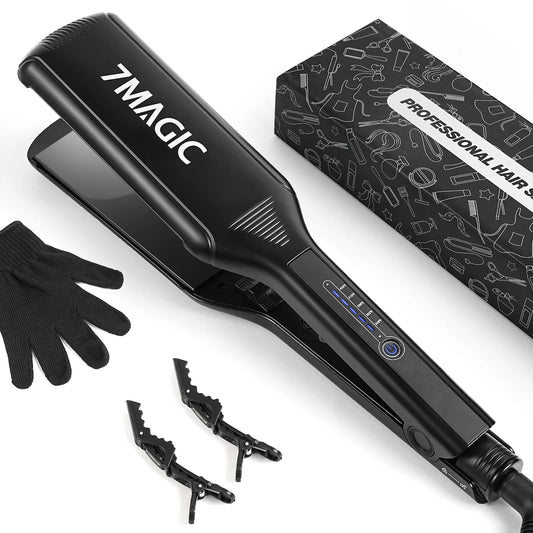 7MAGIC Flat Iron Hair Straightener, 2.2" Ultra Wide Straightener for Long and Thick Hair, Dual Voltage Hair Iron, Hair Styling Tools, Black